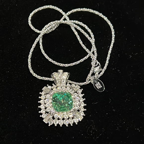 #21 Vintage Nolan Miller Pendant, Green & Clear Crystal Pendant,Silver 18" Chain - Picture 2 of 10